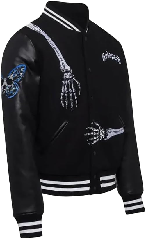 Men’s Black God-Speed varsity jacket skull rod bomber black varsity jacket for men.