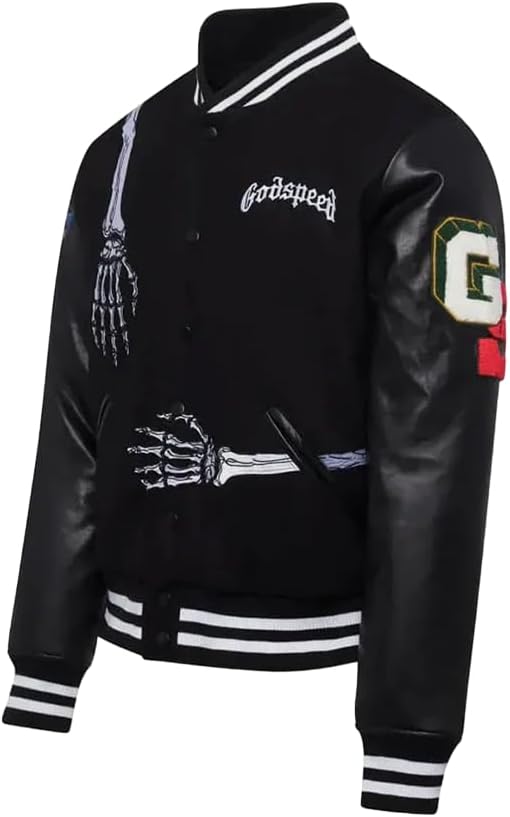 Men’s Black God-Speed varsity jacket skull rod bomber black varsity jacket for men.