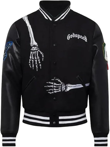 Men’s Black God-Speed varsity jacket skull rod bomber black varsity jacket for men.