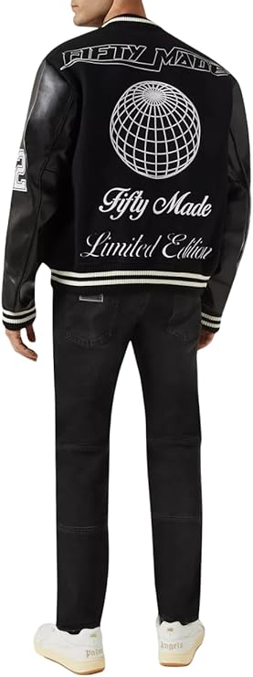 Men's Bomber Fifty Made Varsity Wool and Genuine Leather Baseball Letterman Jacket