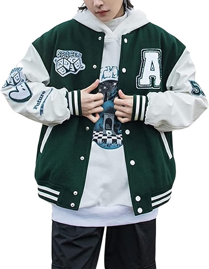 Vintage Varsity Jacket Casual Letter Print Patchwork Baseball Jacket Streetwear Letterman Jacket Bomber Coat