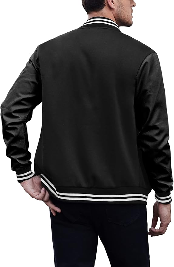 Mens Fashion Varsity Jackets Leather Sleeve Slim Fit College Baseball Letterman Bomber Coat