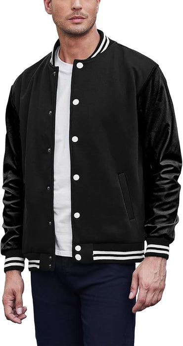 Mens Fashion Varsity Jackets Leather Sleeve Slim Fit College Baseball Letterman Bomber Coat