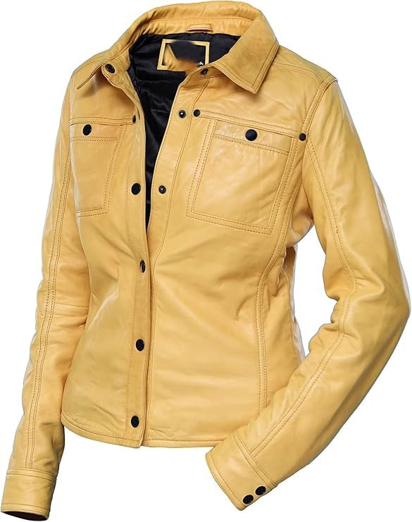 Womens Button Front Lambskin Leather Jacket Shacket - Casual Shirt Long Sleeve Leather Jacket Women with Bust Pocket