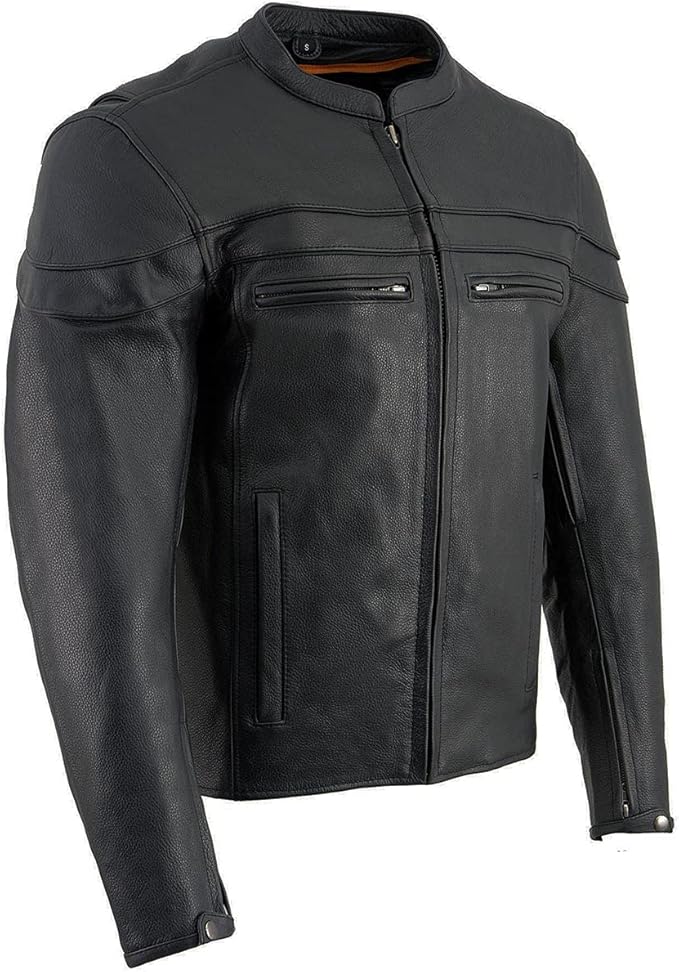 Men's Sporty Crossover Vented Black Motorcycle Leather Scooter Jacket