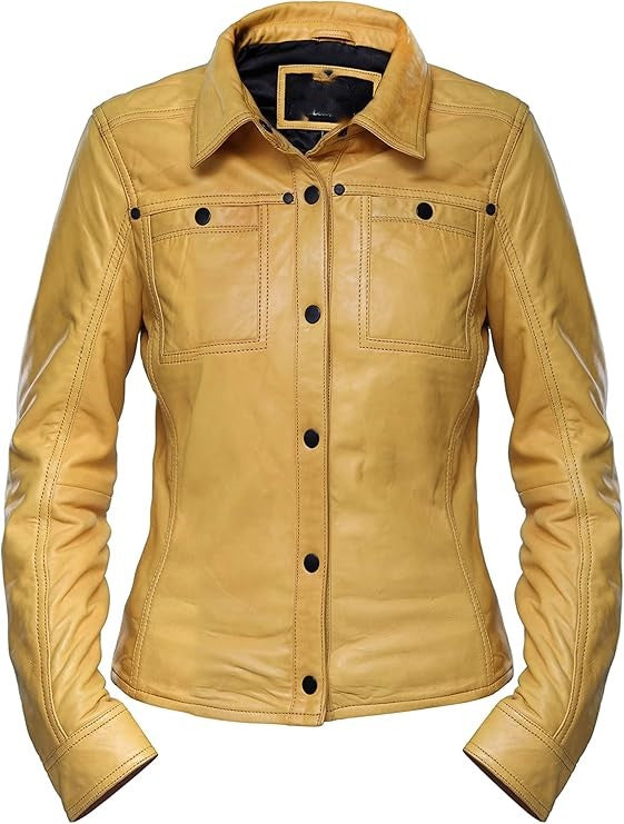 Womens Button Front Lambskin Leather Jacket Shacket - Casual Shirt Long Sleeve Leather Jacket Women with Bust Pocket