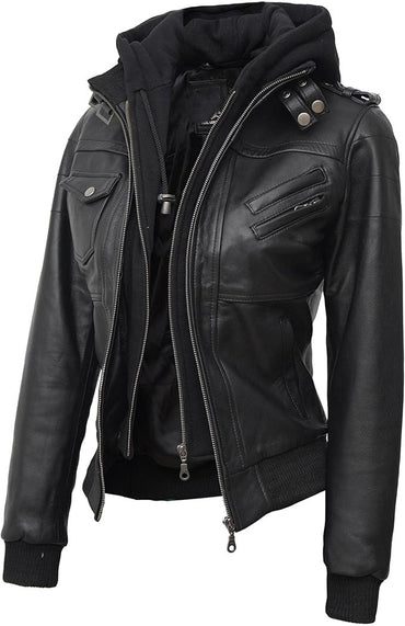 Real Lambskin Leather Jacket Women - Women's Leather Jackets With Detachable Hood