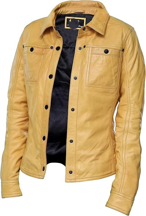 Womens Button Front Lambskin Leather Jacket Shacket - Casual Shirt Long Sleeve Leather Jacket Women with Bust Pocket