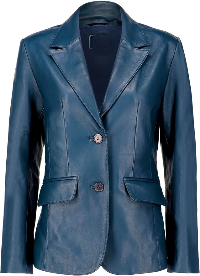 Button Lambskin Leather Blazer Women - Casual Coat Long Sleeves Suit Style Leather Jacket Women