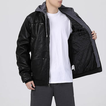 Men's Casual Faux Leather Motorcycle Bomber Jacket with Removable Hood, Stand Collar and Zip-Up Design