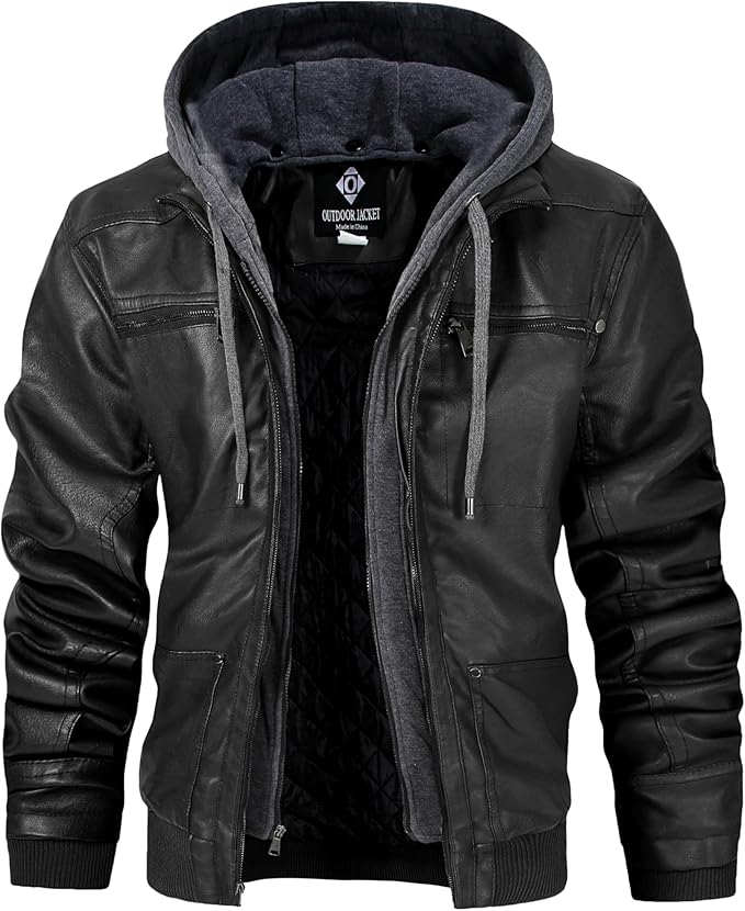 Men's Casual Faux Leather Motorcycle Bomber Jacket with Removable Hood, Stand Collar and Zip-Up Design