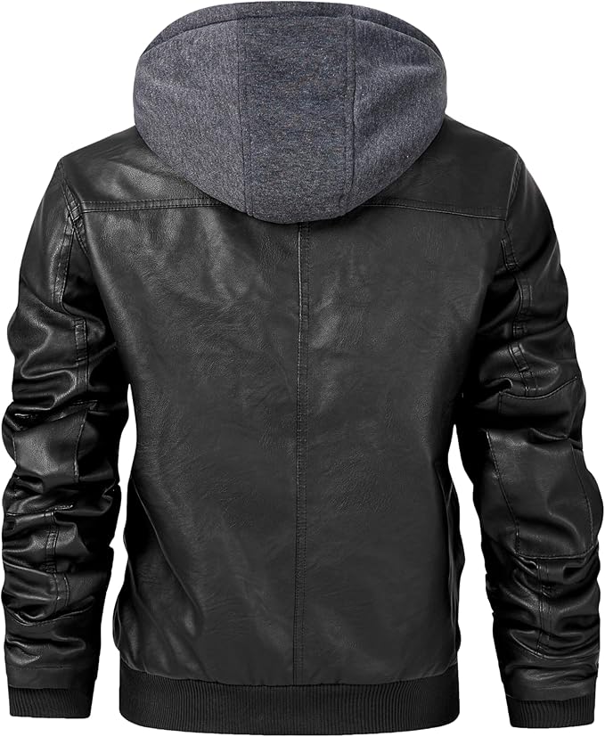 Men's Casual Faux Leather Motorcycle Bomber Jacket with Removable Hood, Stand Collar and Zip-Up Design