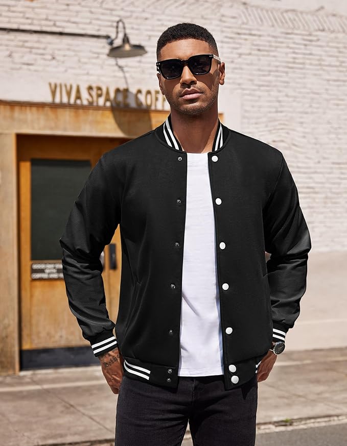 Mens Fashion Varsity Jackets Leather Sleeve Slim Fit College Baseball Letterman Bomber Coat