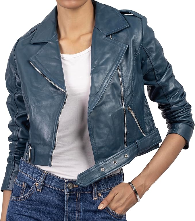 Leather Jacket Women Lapel Asymmetric Zip Up Moto Biker Short Coat with Belt