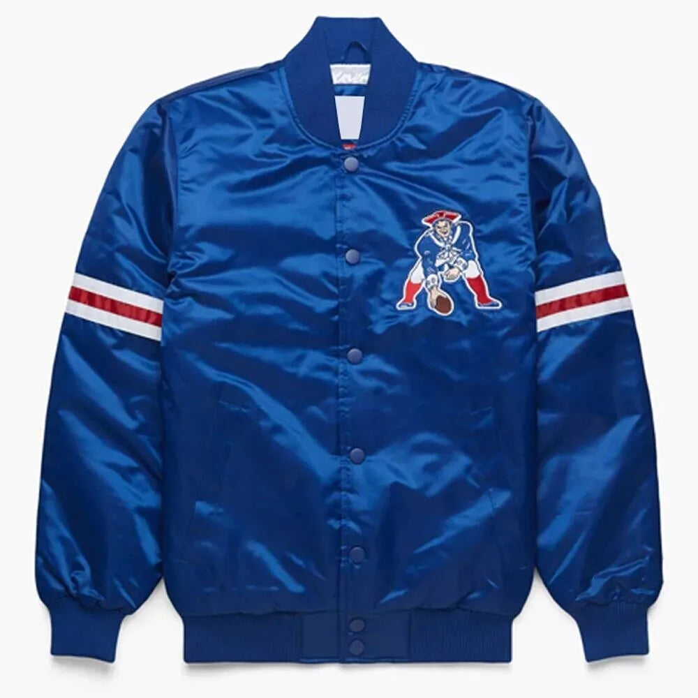 Men's New England Patriots Blue Satin Letterman Bomber Football Varsity Jacket