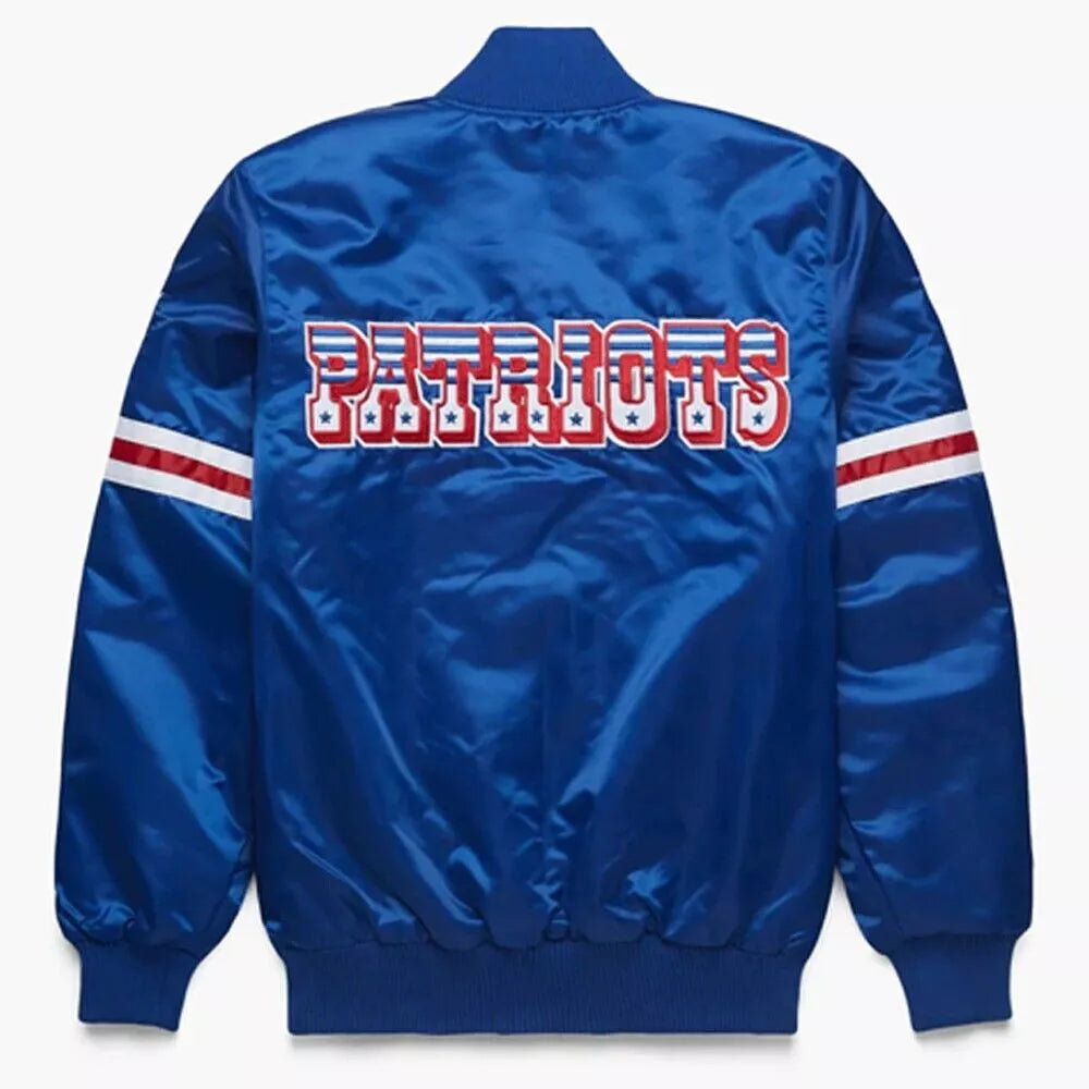 Men's New England Patriots Blue Satin Letterman Bomber Football Varsity Jacket