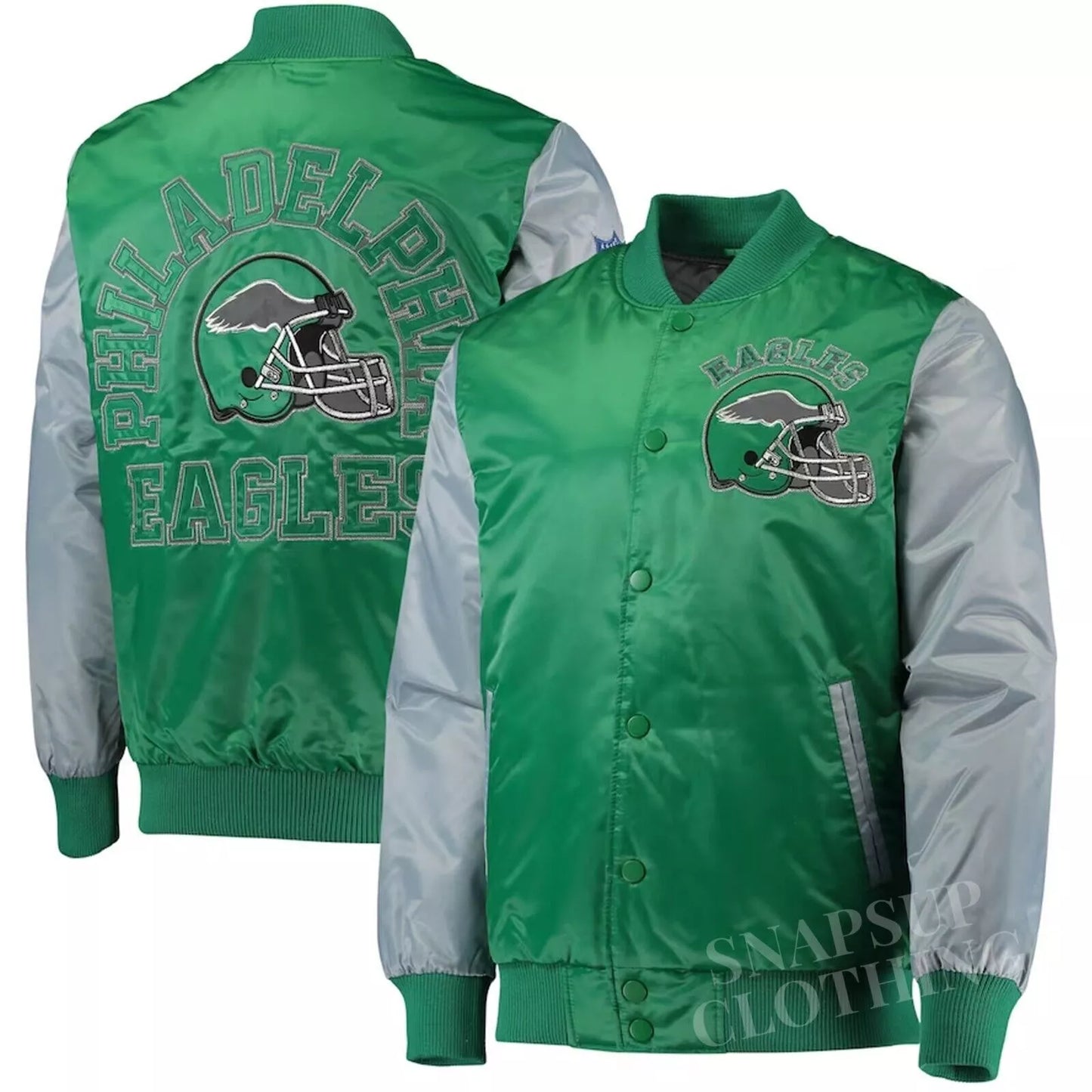 Men's Green/Silver Satin Philadelphia Eagles Bomber Style Varsity Jacket