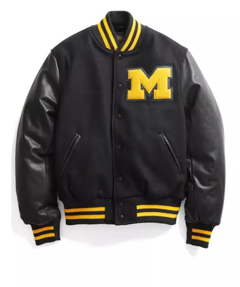 Michigan Varsity Jacket Navy wool & Real Navy Leather Sleeves Varsity Jacket