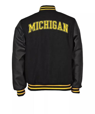 Michigan Varsity Jacket Navy wool & Real Navy Leather Sleeves Varsity Jacket